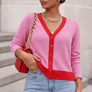 Oversized Pink and Red V-Neck Button Cardigan Sweater